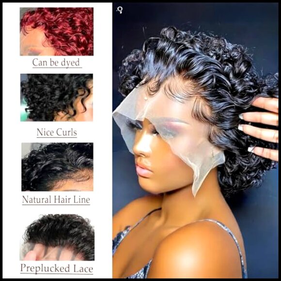Short Curly Bob Wig Human Hair Pre Plucked Glueless Lace Front Pixie Cut main image 4